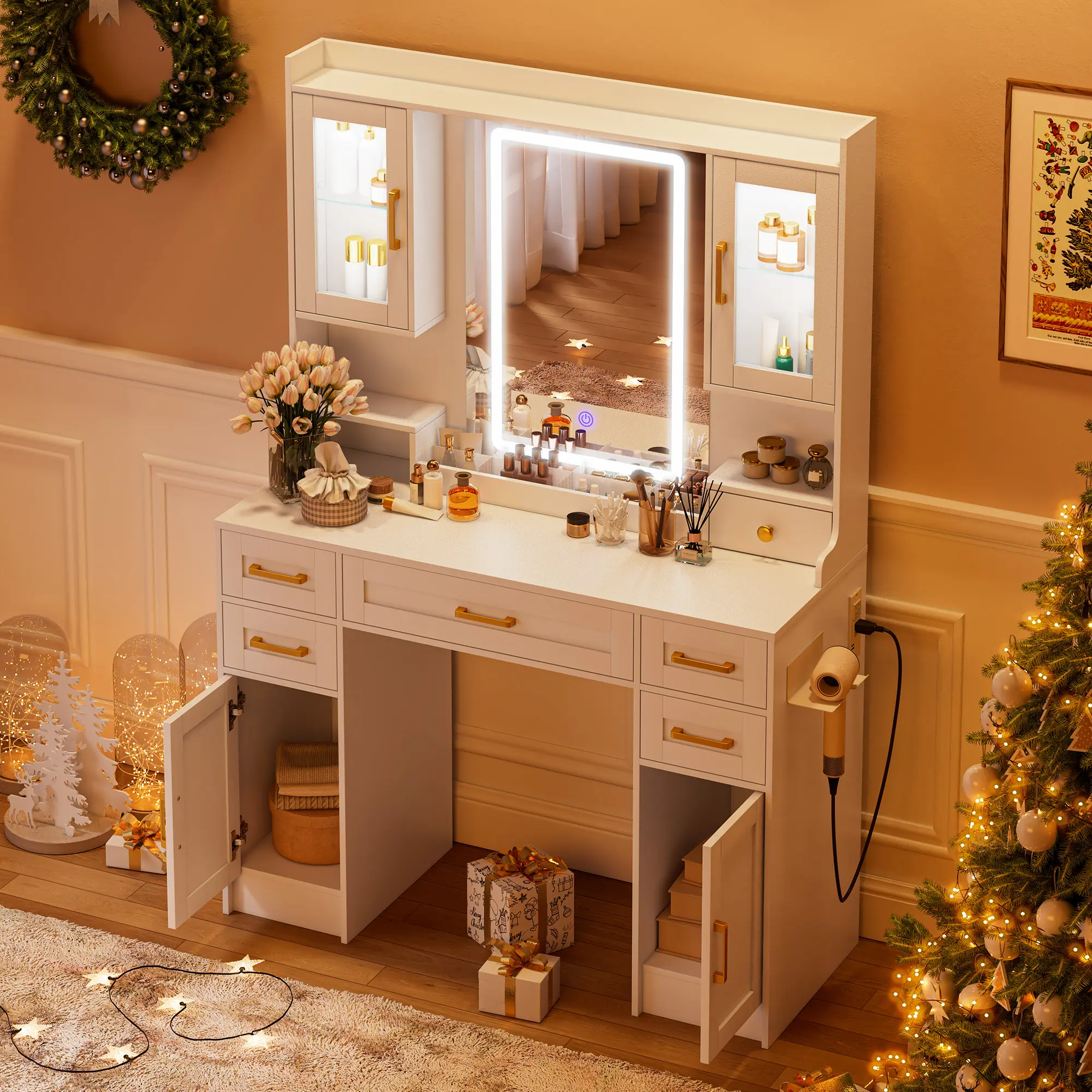 LHBcarft Adjustable LED Lights Vanity Desk, Makeup Vanity with Mirror and Charging Station, New Vanity, Dressing Table