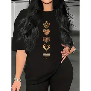 Women's Heart Print SS T-Shirt: Crew Neck Loose Fit, Moderate Thick Fabric, Breathable Non-Sweaty, Versatile For Commute