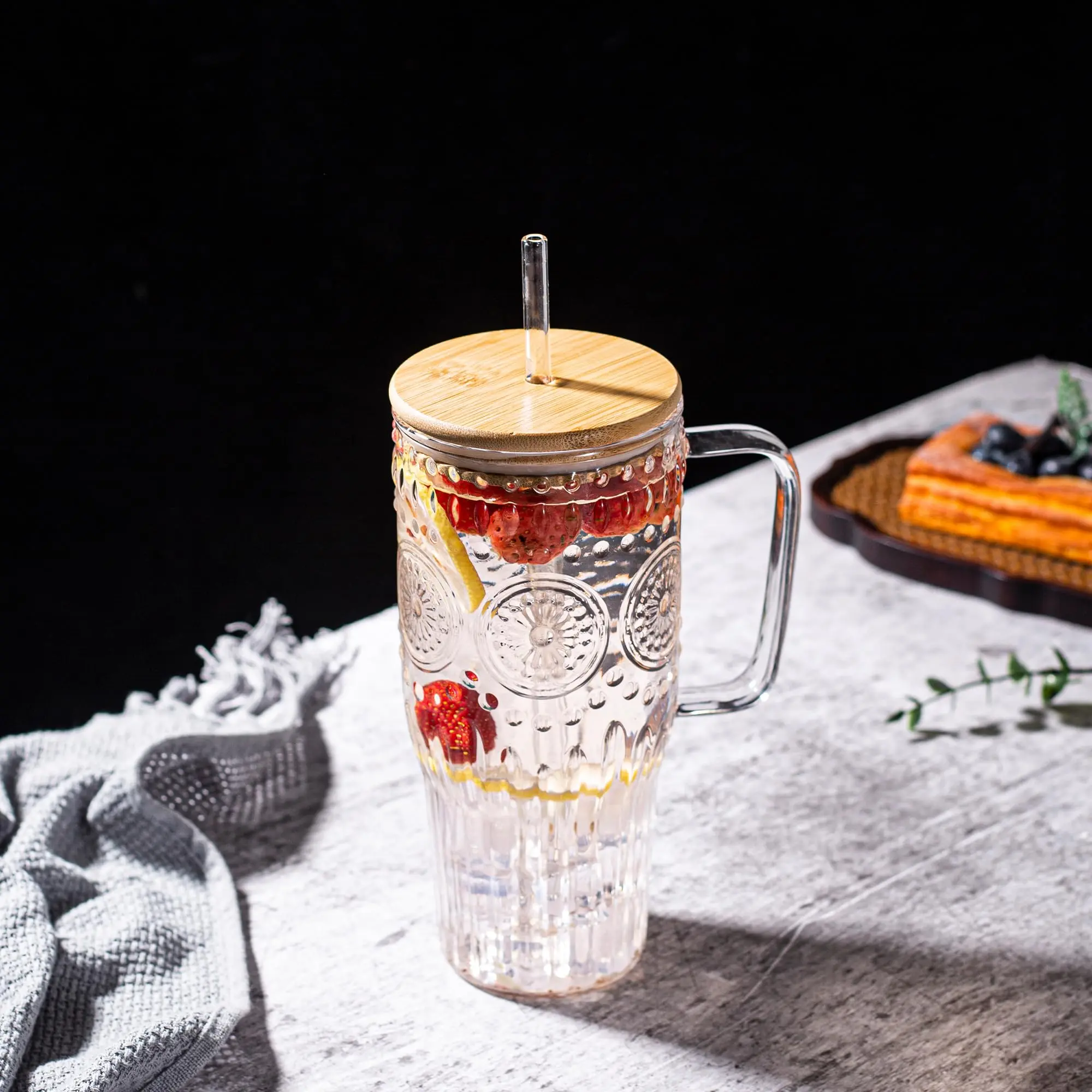 32oz Vintage Borosilicate Glass Tumbler with Handle, Bamboo Lid and Straw - Heat Resistant Drinking Tumbler Glasses for Hot/Cold Drinks