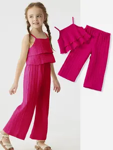Summer Solid Color Halter Top Set, Ruffle Hem Style Straight Leg Pants, Casual Wave Fabric for Little Kids