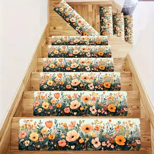 15pcs Floral Carpet Stair Treads, rubber Non-Slip Safety Mat for Wooden Steps, Easy Install & Clean, Home Decor, Bath Mat, Machine Washable, Low Pile, Polyester