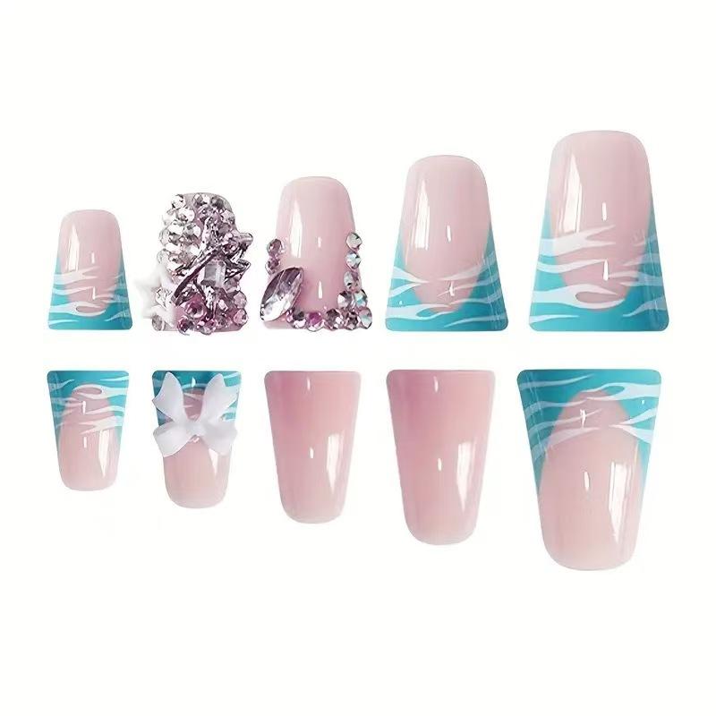 24pcs Duckbill False Nails Set, Glittering Fake Nails, Light Base with Blue Wave Butterfly Design, Glossy Finish Easy to Stick, Perfect for Daily Wear