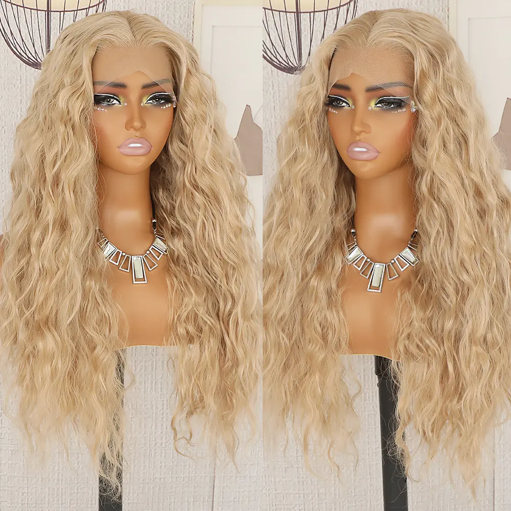 QD-Tizer Loose Curly Long Hair Wigs Honey Blonde Color Synthetic Lace Front Wigs for Women 13x4 Lace Area Heat Resistant Pre Plucked Wig 26 inches