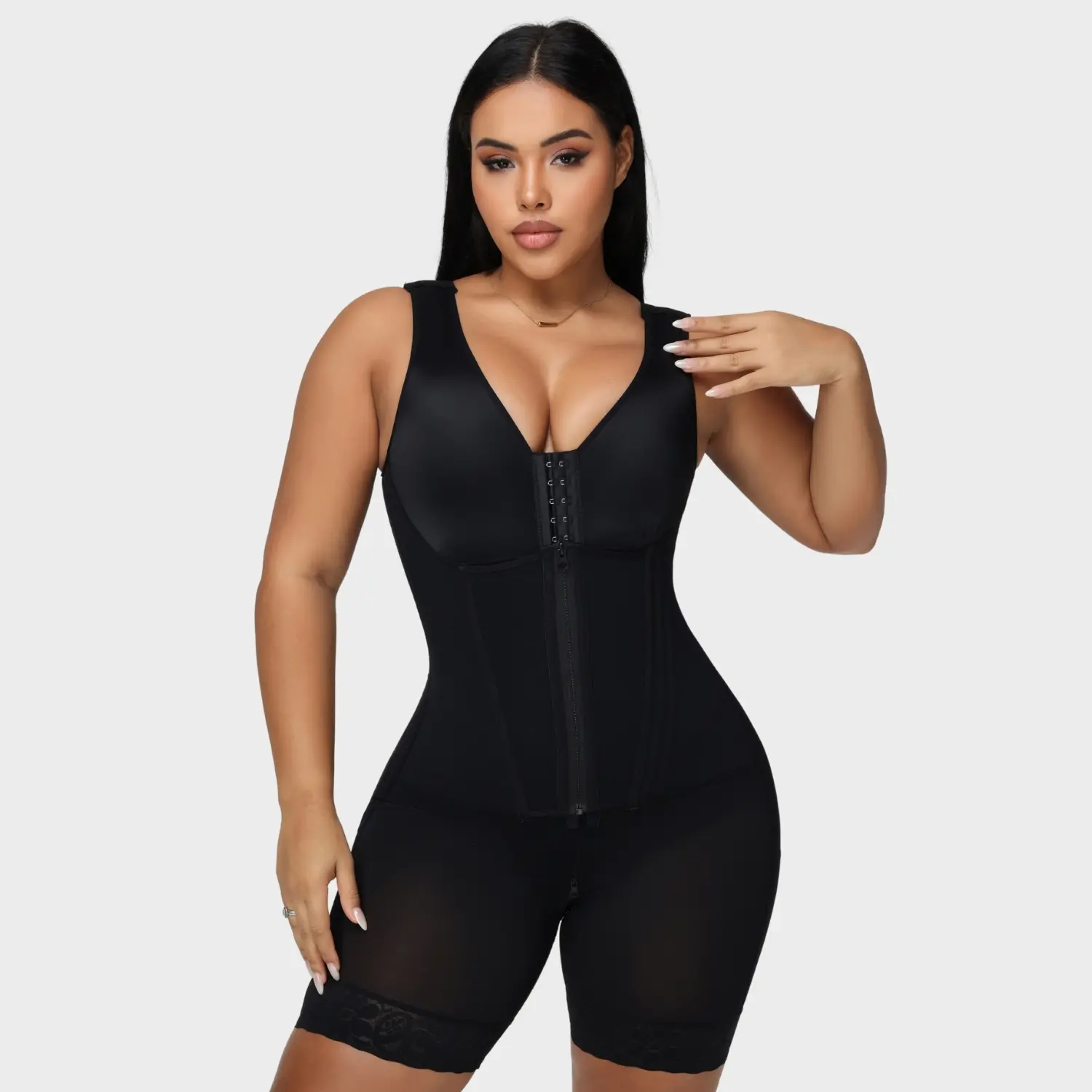 Women's Core Lift Fit Shapewear Bodysuit - Double-Layer Compression Fabric, 8 Steel Bones, Adjustable Straps, Zipper Closure, Lace Details, Body Contouring Design