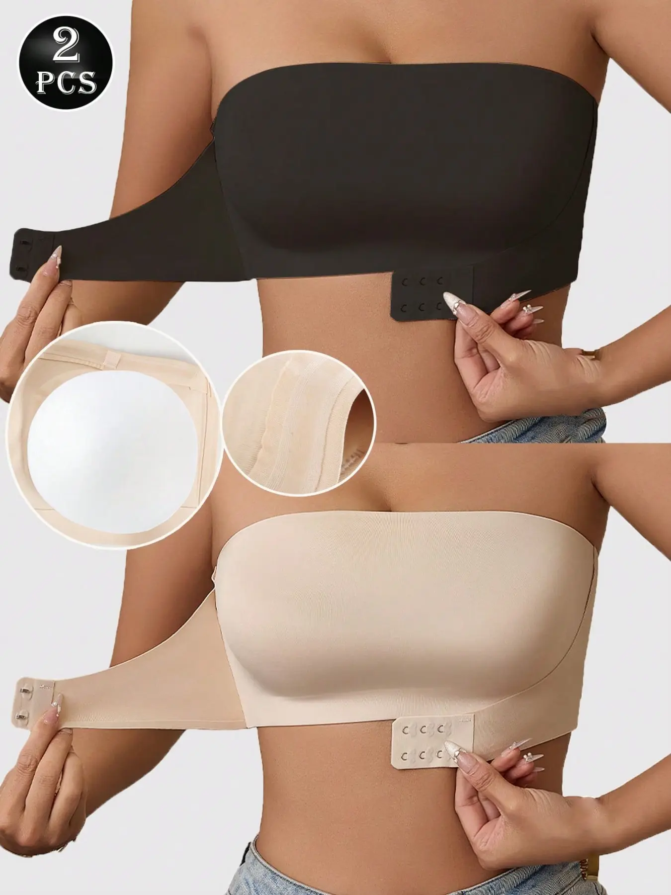 2-Piece Set Sexy Strapless Bra, Seamless Invisible Push-Up Front Buckle Design, Wireless Lined Fabric Underwear, Breathable Bridal Bra, Seamless Smooth Bra