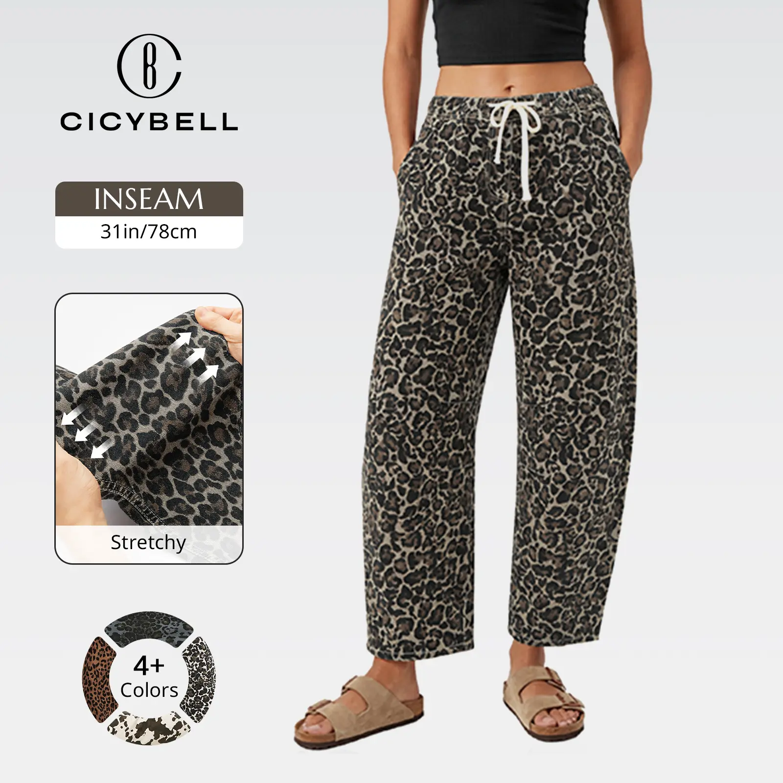 Cicy Bell Womens Leopard Barrel Jeans High Waisted Drawstring Cropped Wide Leg Cheetah Print Denim Pants with Pockets Cicy Bell Womens Leopard Barrel Jeans High Waisted Drawstring Cropped Wide Leg Cheetah Print Denim Pants with Pockets