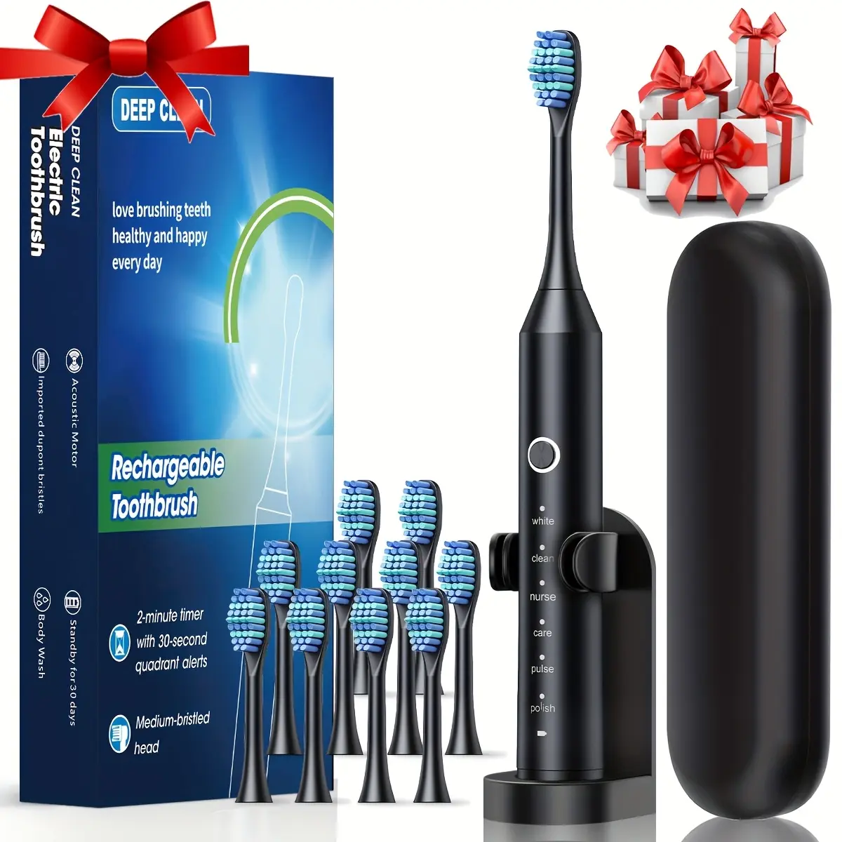Rechargeable Electric Toothbrush for Adults, USB Charging for a Deep Clean with 6 Modes, 500mAh Battery, Soft Bristles, Includes 513 Black 4 Brushes