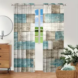 Wooden Board Print Curtain, 2 Counts/set Retro Style Door Curtain, Home Decorative Window Curtain for Living Room & Bedroom