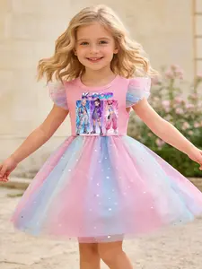 Toddler Girls Cartoon K-Pop Princess Dress, Ribbed Knit Top, Ruffle Sleeves, Dreamy Rainbow Sheer Skirt, Perfect Party