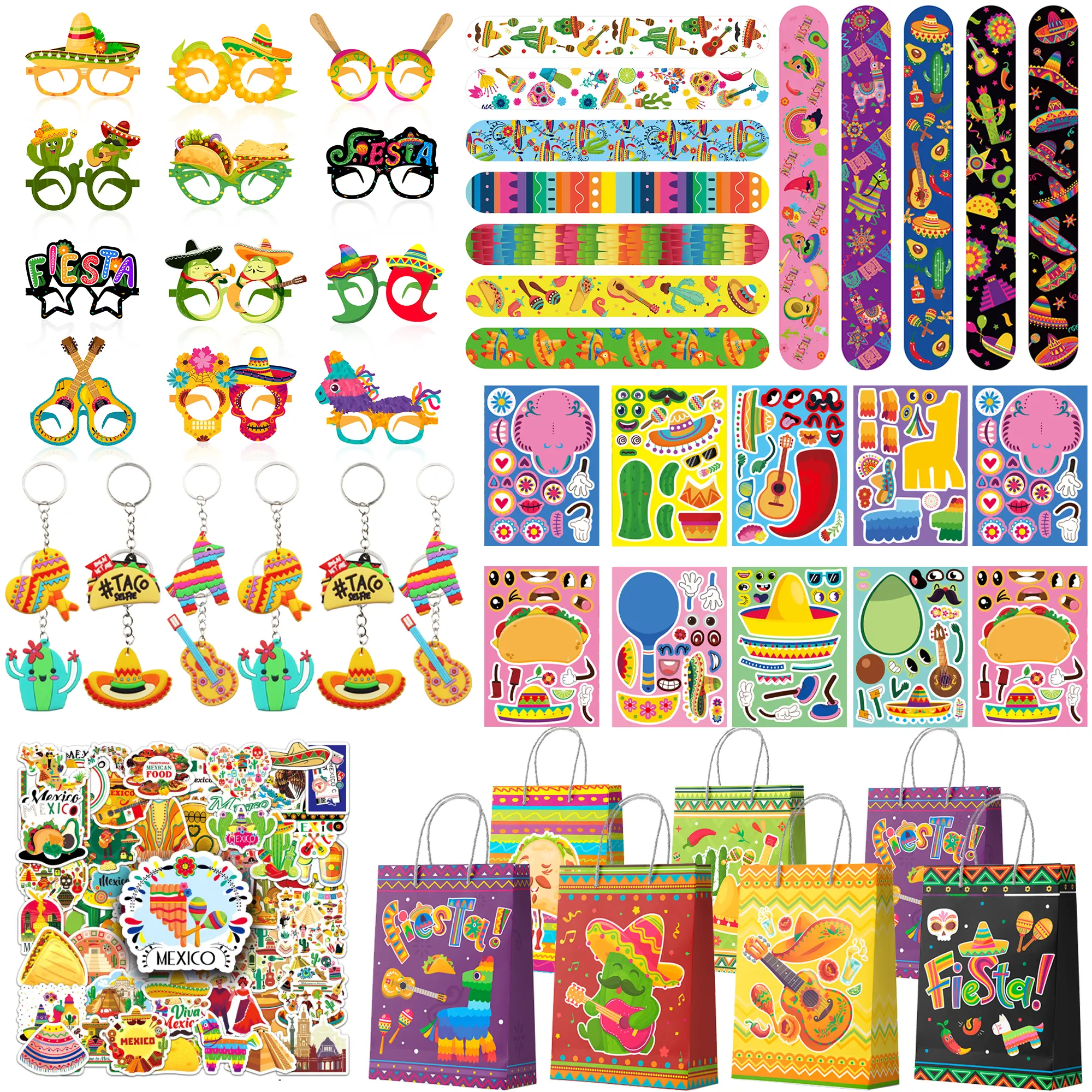 110pcs Mexican Fiesta Party Favors, Taco Party Favors Set, Cinco De Mayo Bags Mexican Character Face Sticker Mexican Keychain Slap Bracelets etc Mexican Party Favors for Mexican Fiesta Decorations