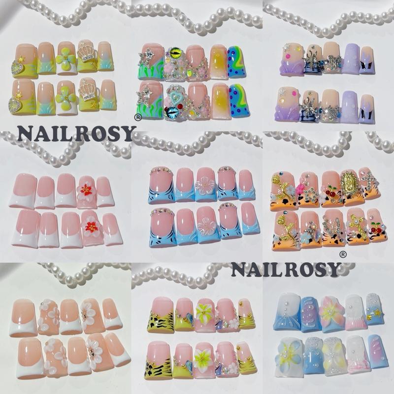 30pcs Mystery Box Handmade Press on Nails, 3D Floral Short Duck Design,Rhinestone French Shimmery Finish, Perfect for Weddings & Parties Christmas Halloween, Handmade Reusable Nails