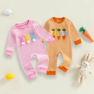 Newborn Baby Girl Boy Eatser Outfits Infant Cute Bunny / Carrot Stripe Long Sleeve Romper Bodysuit Jumpsuit  Baby Easter Clothes