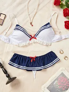 2pcs Lingerie Set - Nautical-Inspired, Ruffled, Bow-Accented Underwire Bra And Panty for Women - Erotic Role Play, Comfortable, And Seductive Underwear Women