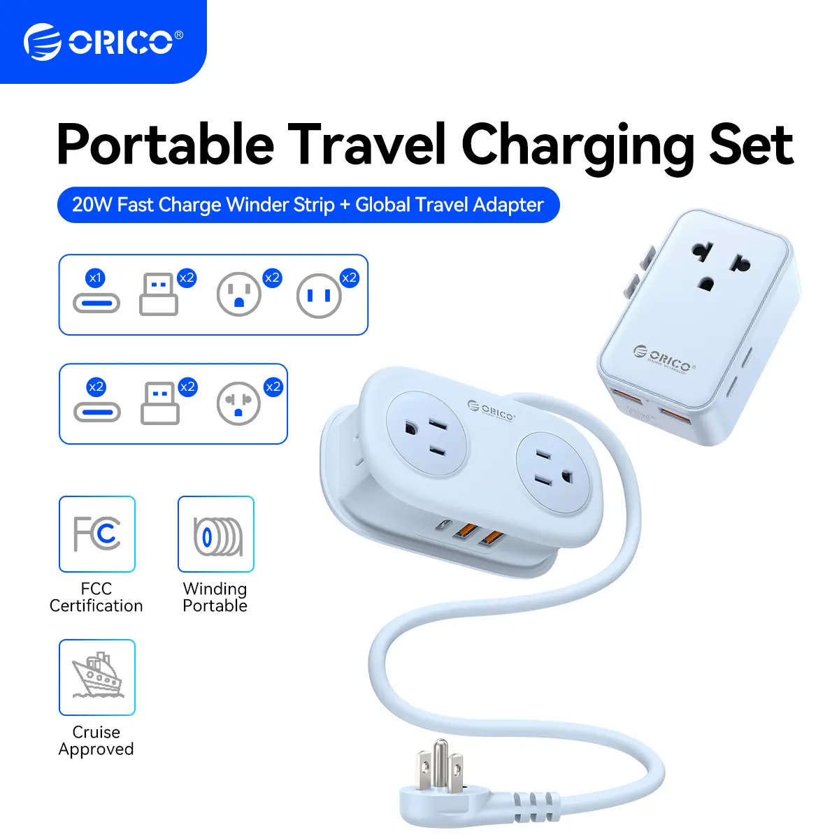 ORICO Travel Combo Pack, 25W Ultra-Slim Universal Travel Adapter (1AC, 2USB, 2Type-C) + 4 Outlets Travel Power Strip with USB-C, 4FT Short Extension Cord, Cruise Approved Travel Essentials for UK US Germany France-AP3 PRO+UAT