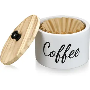 Wooden Coffee Filter Holder with Lid, Basket Coffee Filter Storage Container for Counter, Rustic Farmhouse Café Bar Decor, 50 Count Capacity (White)