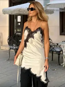 Women's Summer Asymmetrical Beach Midi Dress, Lace Strapless Satin Long Dress, Elegant Formal Sleeveless Patchwork Dress, Lace Trim Dress