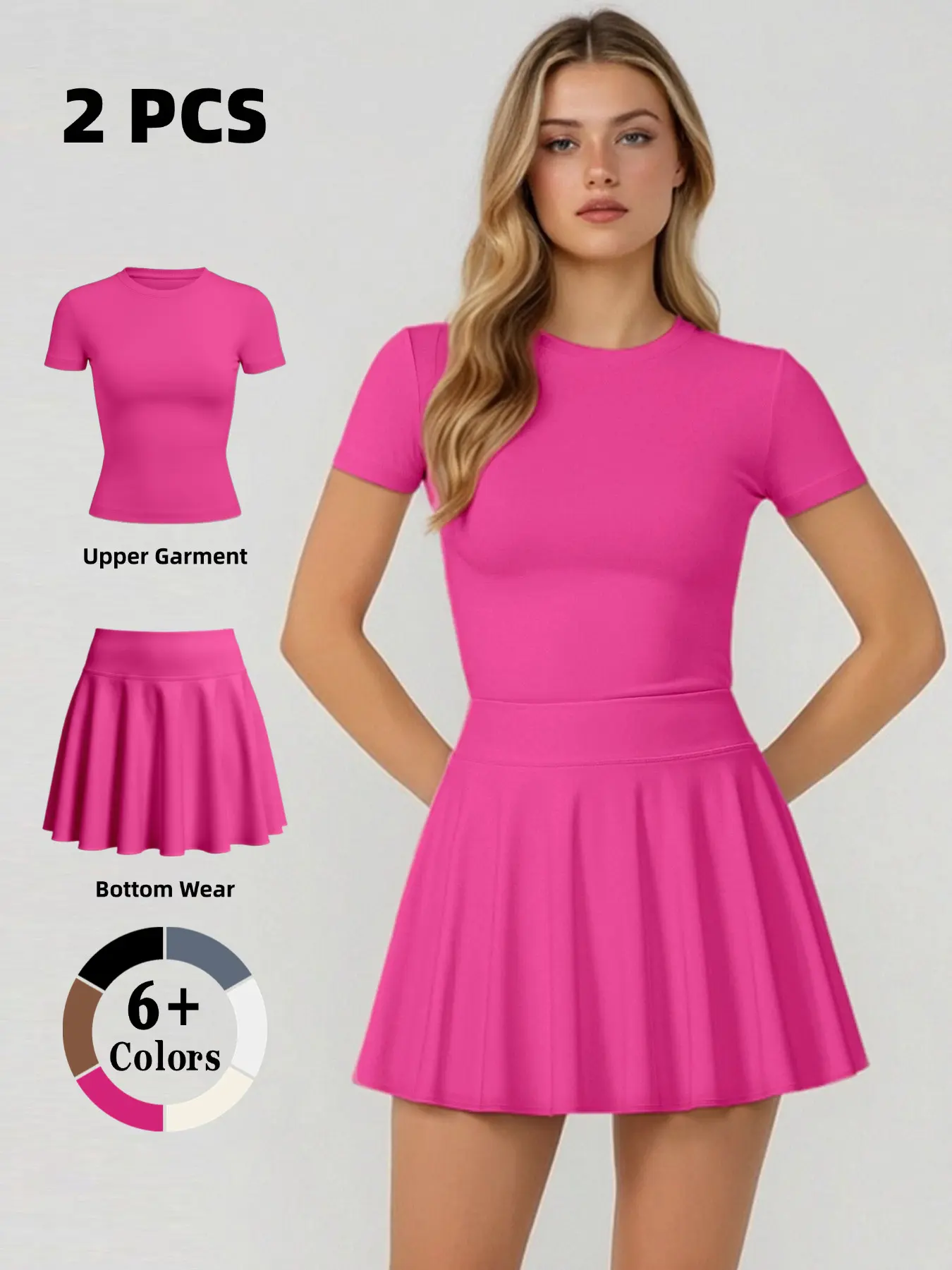 Women's INS-style sports tennis set, gym wear, fitness outfits, Exercise clothing, sporty plain, fitness yoga short-sleeve top with slim-fit short skirt set, suitable for indoor yoga and Pilates, the short skirt comes with lining and pockets