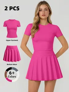 Women's INS-style sports tennis set, gym wear, fitness yoga short-sleeve top with slim-fit short skirt set, suitable for indoor yoga and Pilates. The short skirt comes with lining and pockets.