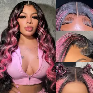 Highlight Ombre Lace Front Wig Human Hair 13x6 Body Wave 1B/Pink Colored Lace Front Wig Human Hair Pre Plucked With Baby Hair Black And Pink Wig Human Hair 180% Density 24 Inch Skunk Stripe Wig