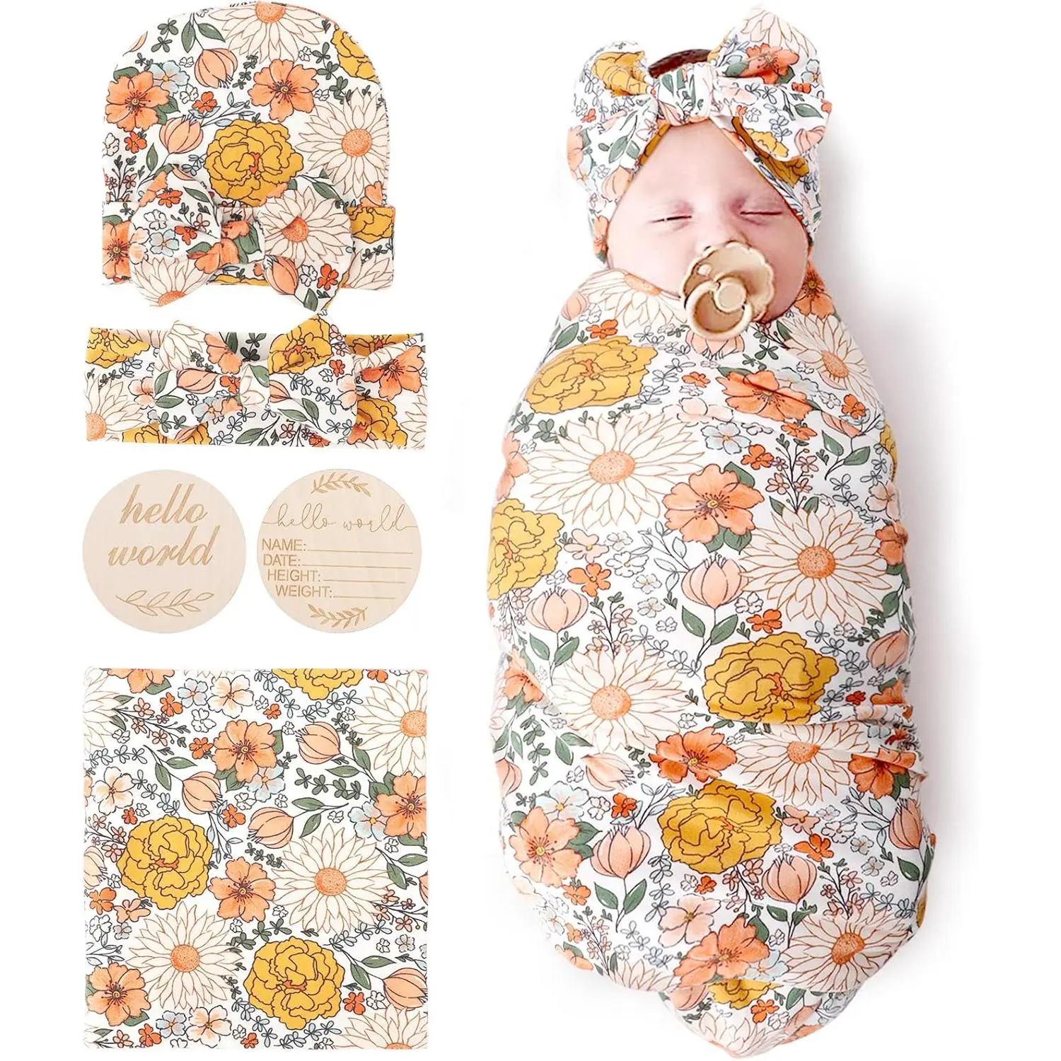 SQ-NG006 Baby Girl Newborn Floral Receiving Blankets Set - Polyester Soft Bedding, Sheets, Mats, Sleeveless Sleepsack, Bow Hat, Headband, Scarf, Car Seat Cover, Wooden Birth Announcement Card, Burp Cloth, Colorblock Warm 0-3 Months Baby Shower Gift, Swadd