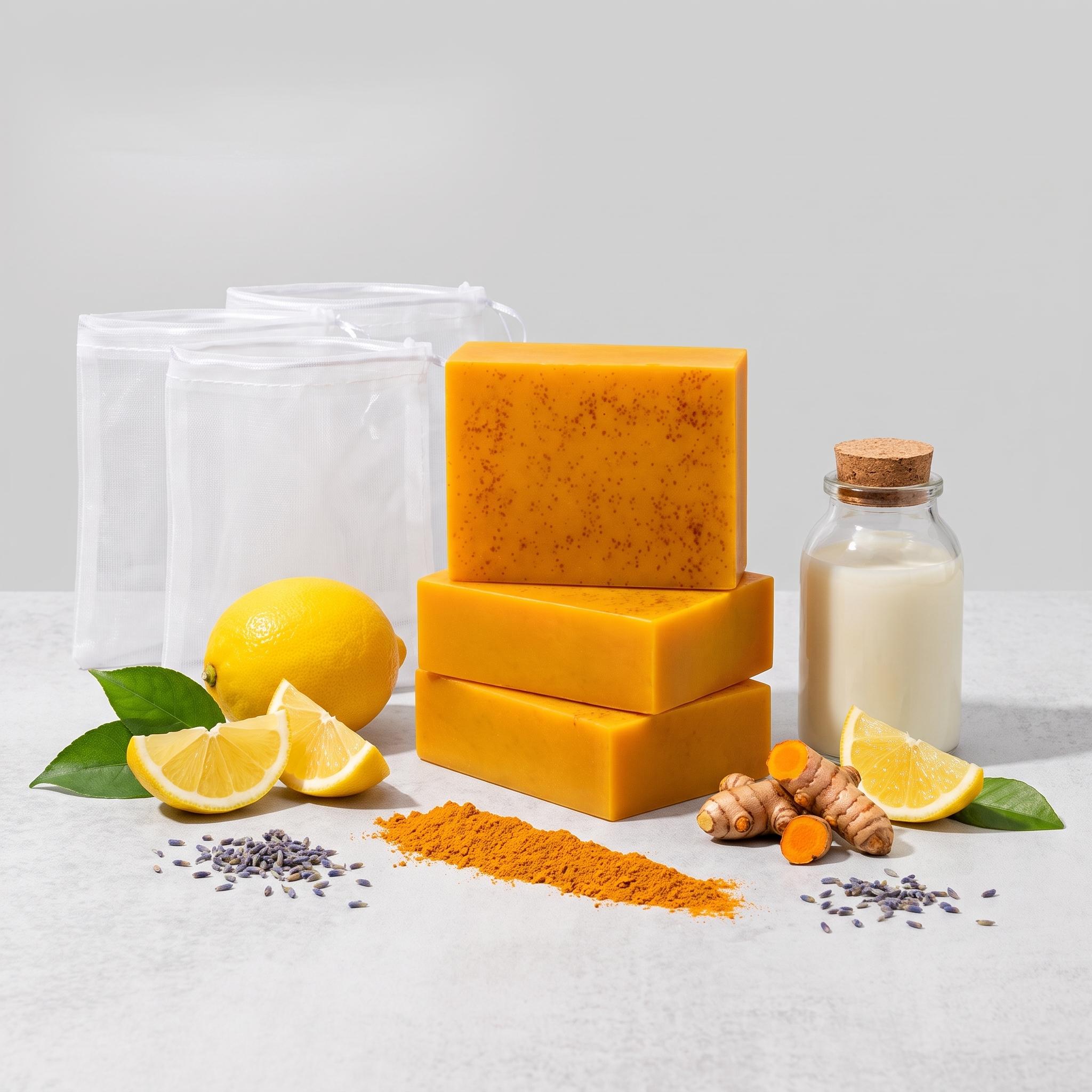 3PCS Lemon Turmeric KojicAcid Soap, Natural Organic Turmeric Face and Body Wash Soap Bar, Firm Pores, Even Out Skin Tone,Lemon Turmeric Glowing Skin Care Soap, Deep Clean