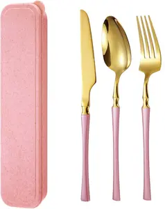 Portable Camping Kitchen Utensil Set with Case, Outdoor Dining Flatware Kit for Picnics, Glamping, & Backpacker Meals, Stainless Steel Reusable Travel Cutlery Set with Storage Box, Compact 3-Piece Fork Knife and Spoon Set for Lunch Box, Gold Pink
