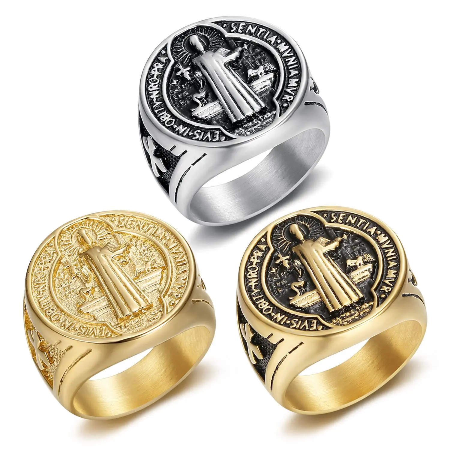 Men's Stainless Steel Gold-Tone Punk Retro Ring - Saint Benedict & Saint Mark Religious Symbol Costume Jewelry for Thanksgiving,summerwins