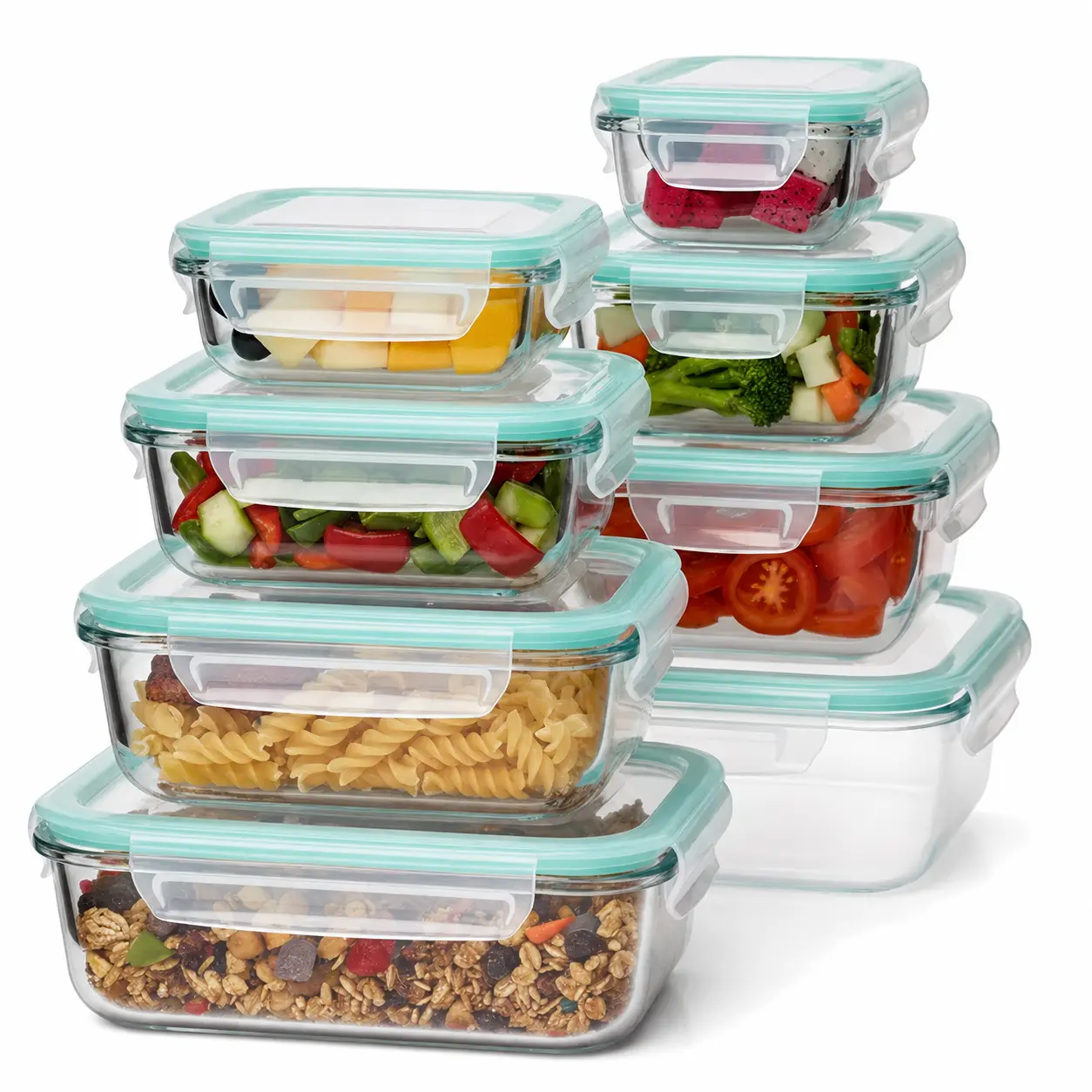 8-Piece BPA-Free Borosilicate Glass Food Storage Containers with Silicone Airtight Leak-Proof Lids, Stackable Microwave & Dishwasher Safe Kitchen Canisters, Produce Storage Containers for Snack Organization