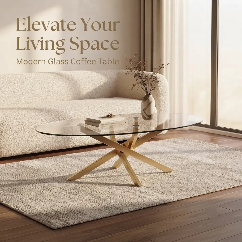 Modern Oval Glass Coffee Table, Luxury Tempered Glass Center Table with Gold Metal Cross Base, Contemporary Cocktail Table for Living Room, Apartment & Office