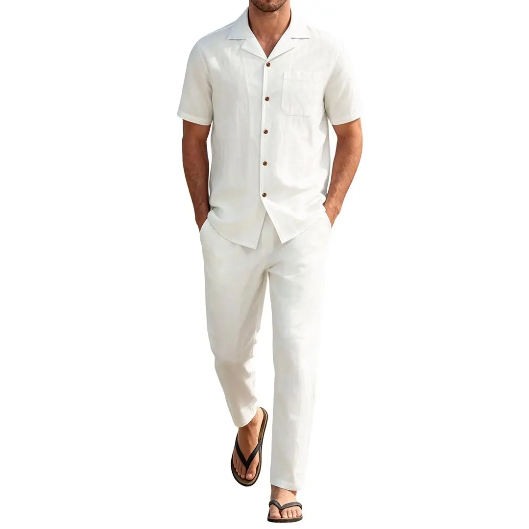 JEMITOP Men's 2-Piece Plain Casual Matching Sets - Short-Sleeve Collared Cuban Guayabera Shirt, Relaxed-Fit Pants, Breathable Cotton Blend Menswear with Pocket, Buttons for Beach, Tropical Vacations
