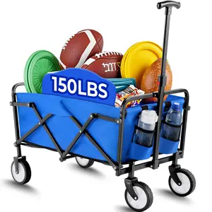 Arlopu Collapsible Folding Wagon 150 lbs Max Load, Heavy-Duty Portable Utility Shopping Cart, Lightweight Foldable Grocery Stroller, W/360° Wheels, Carry Bag, for Camping, Beach, Garden, Sports