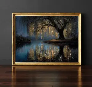 Enchanted Twilight Willow Tree Fairy Lights Art Print, Moody Magical Lake Reflection Landscape, Dreamy Twilight Fireflies Nature Art