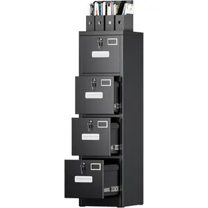 SUXXAN 4 Drawer File Cabinet, Metal Vertical Black Filing Cabinets with Locks Name Card Holder for Home Office,LockableCasters & Label Holders, Heavy Duty Home OfficeDocument Furniture, Black,Write Assembly Required
