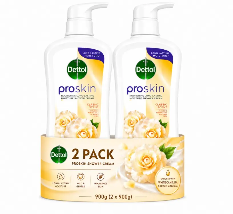 Dettol ProSkin Nourishing Shower Cream, White Camellia & Onsen Minerals Body Wash, Long-Lasting Moisture for Dry Skin, Rich Creamy Foam, 950g x 2