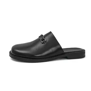 Men's Leather Mules Metal Buckle Decorated Half Slippers Unisex Comfortable Daily Casual Shoes Boy Footwear