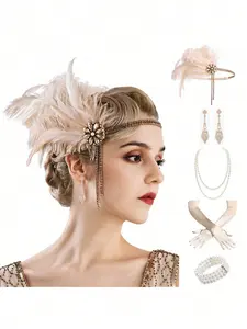1920s Jazz Age Flapper Style Costume Accessories Set, Includes Feather Headband, Vintage Pearl Necklace, Gloves, and Diamond Earrings for Women