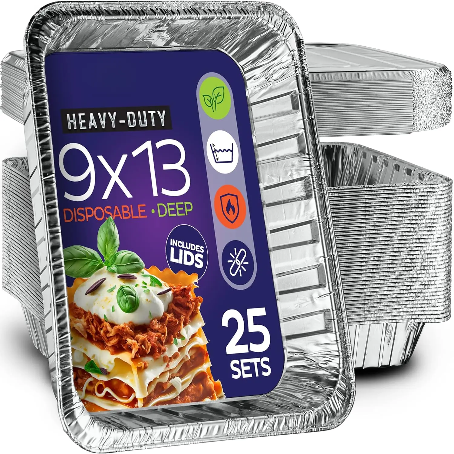 Aluminum Pans 9x13 Disposable Aluminum Foil Pans with Lids [25-Sets] Large Baking Pan Trays - Heavy Duty Tin Tray & Lid - Half Size Chafing Dishes for Roasting, Cooking, Heating or Steam