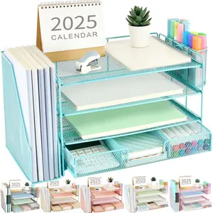 Paper Letter Tray Organizer with File Holder, 4-Tier Desk Accessories & Workspace Organizers with Drawer and 2 Pen Holder, Desk Organizers and Accessories for Office Supplies (Blue)