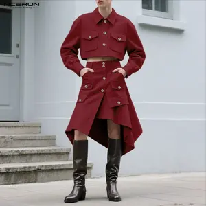 INCERUN Men's Spring Autumn Avant-Garde Designer Suit Cropped Cargo Jacket & Asymmetrical Skirt Two-Piece Set Runway Fashion Week Outfit
