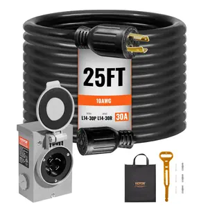 VEVOR 30 Amp Generator Cord and Power Inlet Box Kit, TikTokShopBlackFriday, 25 FT, NEMA L14-30P/L14-30R STW 10 AWG Generator Power Extension Cord with Twist Lock Connector, Pre-Drilled Inlet Box for RV Outdoor, ETL Listed