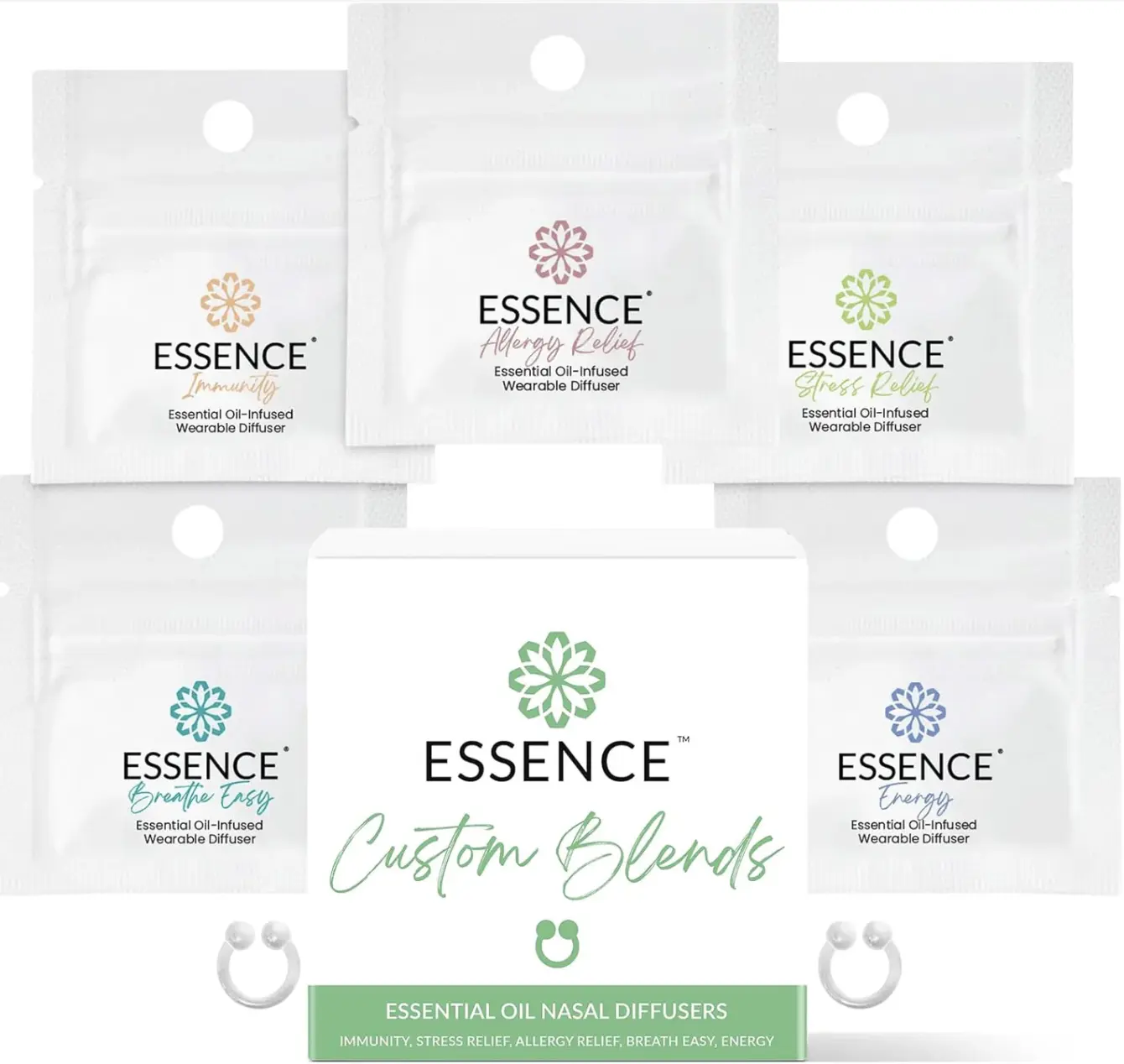 Essence Curated Blends 5 Pack Bundle - Includes Allergy Relief, Immunity Blend, Breathe Easy, Stress Relief, & Energy Blend Nasal Diffuser Rings Fitness Health Wellness