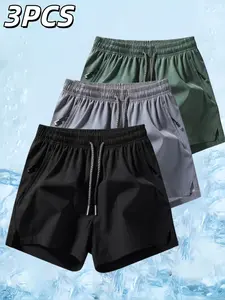 Men's Outdoor Sports Casual Shorts Set, Running Workout Shorts, Breathable Fitness Shorts, Breathable Quick-Dry Running Gym Pants, Plain Zipper Pocket, Fitted Style, 3 Pieces