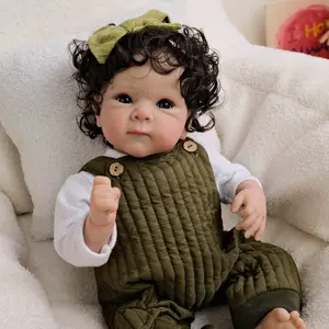 Bettie 18 inch Reborn Dolls lovely birthday girl gift with Rooted Brown Curly Hair blue eyes Soft realista cloth Body newborn babysize dolls Dressed in Green Overalls with White Onesie toddler  doll kid