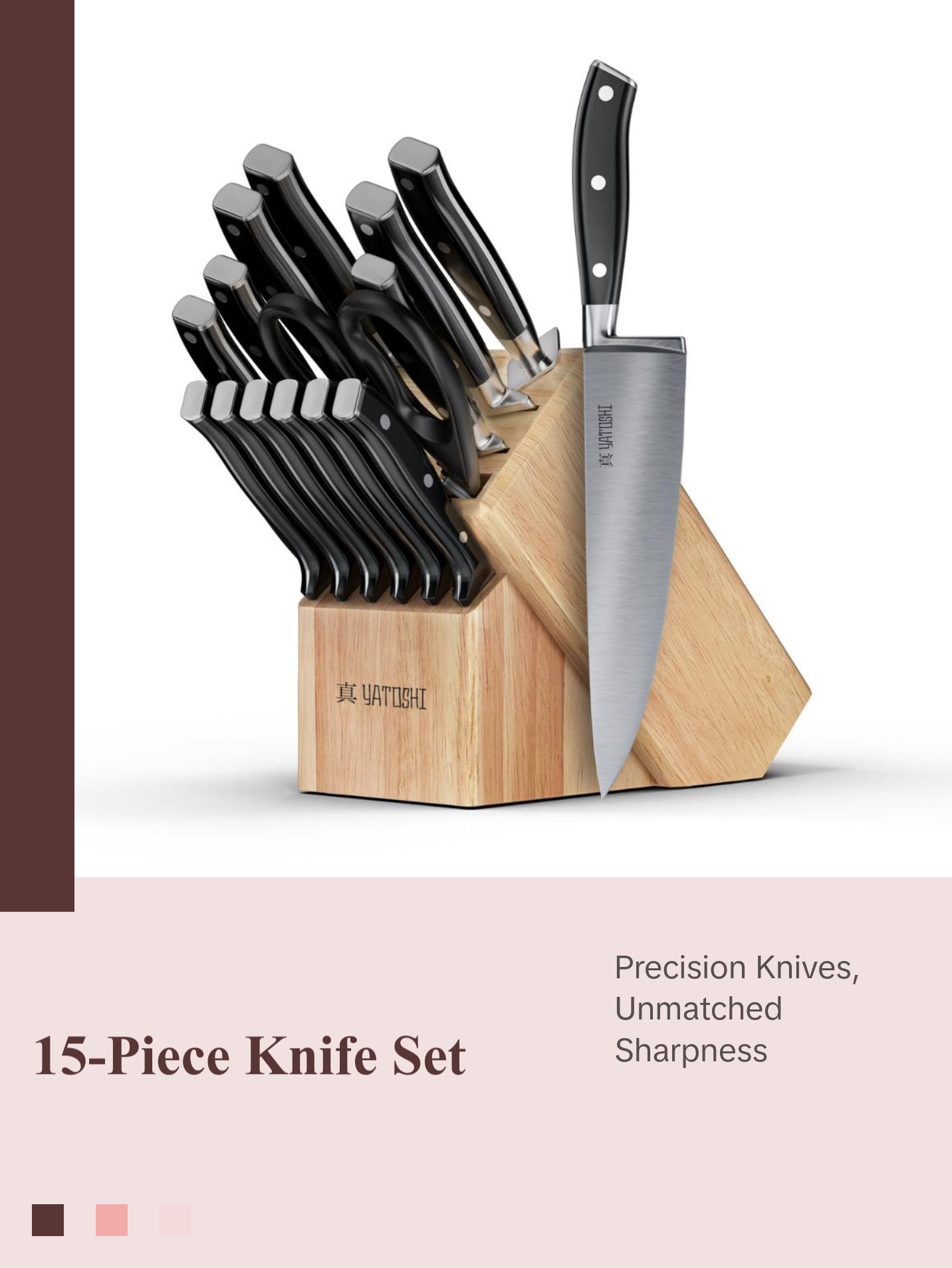 Yatoshi 15-Piece Kitchen Knife Block Set- Premium High-Carbon Blades with Black ABS Handles Kitchen Knives Yatoshi 15-Piece Kitchen Knife Block Set- Premium High-Carbon Blades with Black ABS Handles Kitchen Knives