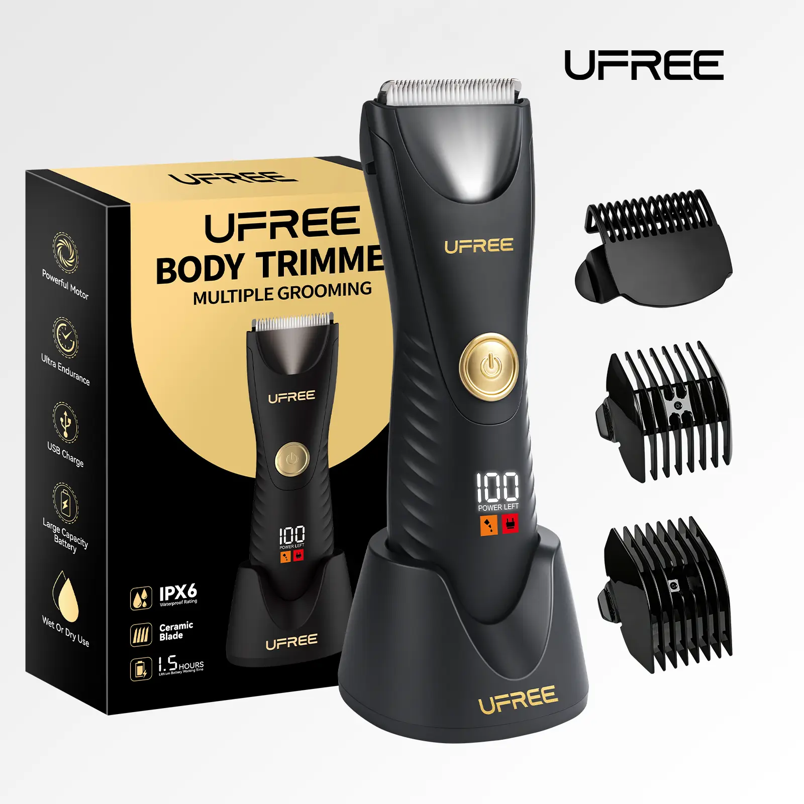 Ufree Manscape Body & Groin Trimmer for Men – No-Nick Ceramic Blade, Waterproof Wet/Dry Electric Shaver, USB-C Rechargeable Dock, LED Display, Pubic Hair Ball Trimmer, Mens Grooming Kit, Gifts for Men
