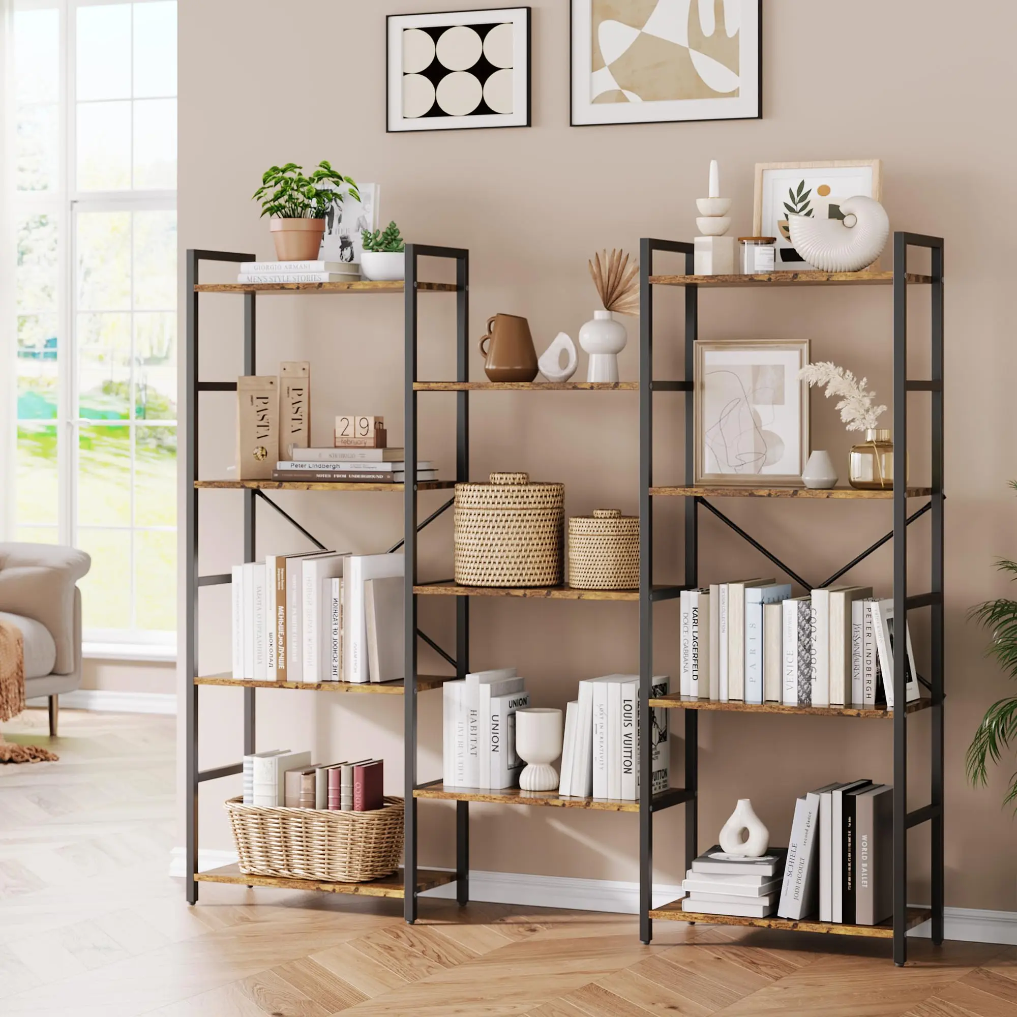 Rustic Brown Single Unit Industrial 4-Tier Metal-Wood Bookcase, Large Open Display Shelves, Particle Board Construction, Anti-Tip Wall Straps, Leveling Ft, Collectibles Storage for Living Room, Home Library, Assembly Required