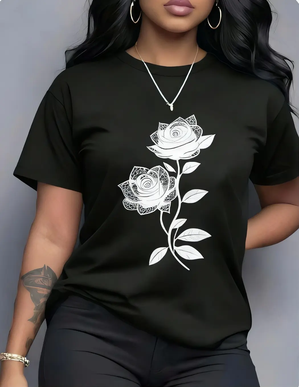 Casual Short Sleeve T-Shirt for Women with Elegant White Rose Graphic, Comfortable Fit Everyday Lady Tee, Shortsleeve, Tshirt, Top, Style, Crew Neck, Elegance, Black