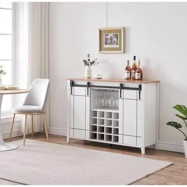 【GARVEE】Farmhouse Coffee Bar Cabinet with Storage, 47’’ Wine Bar Cabinet with Sliding Barn Door and Buffet Sideboard, Includes 16 Bottle Wine Rack, Ideal for Dining and Living Room, Available in Antique White and Light Rustic Oak Finishes.