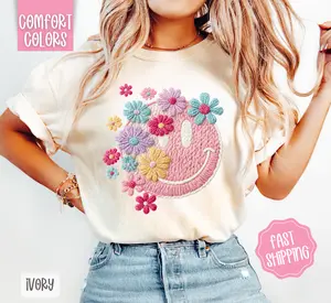 FAUX Knit Floral Smiley Shirt Comfort Colors, Trendy Women's Tshirt