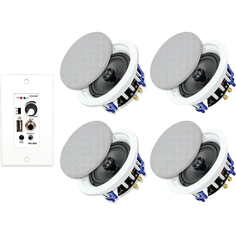 Herdio 5.25-in Wireless Bluetooth Ceiling Speakers (4-Pack) with 2-Way In-Wall 600W Amplifier Receiver, Auxiliary Input, USB/Memory Support, Smartphone Charging, Multiple Connections for Home Theater, Watts